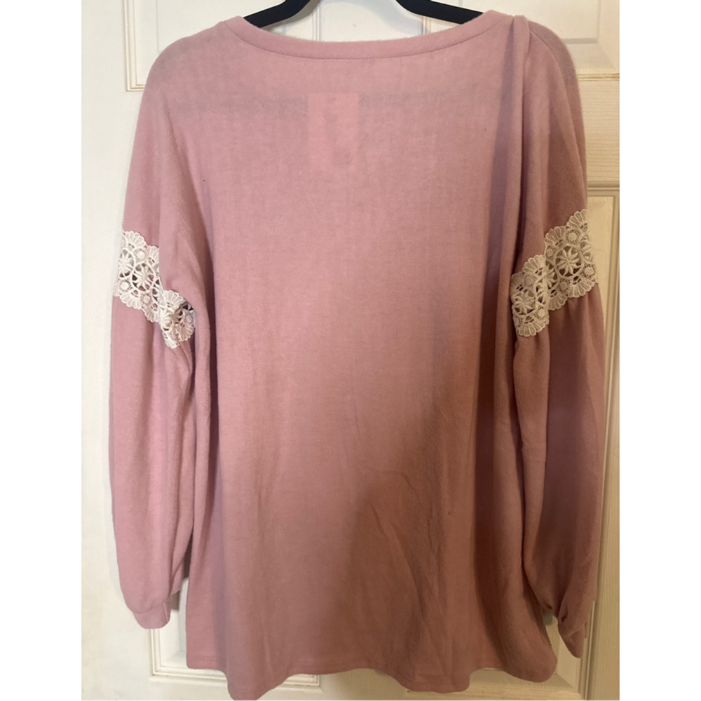 Women's BiBi Pink Long Sleeve Tee with White Lace Detail, Size S - Picture 2 of 4